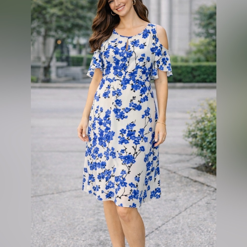 Nine West Dress 12 Cobalt Blue White Flowy Statement Sleeves Career Church